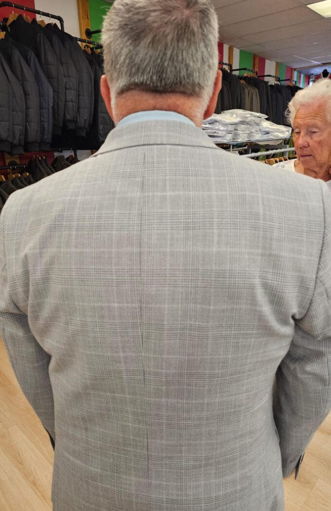 Grey checked bespoke men’s suit fitted by Alberto Ricci Tailoring in Forres, Scotland.