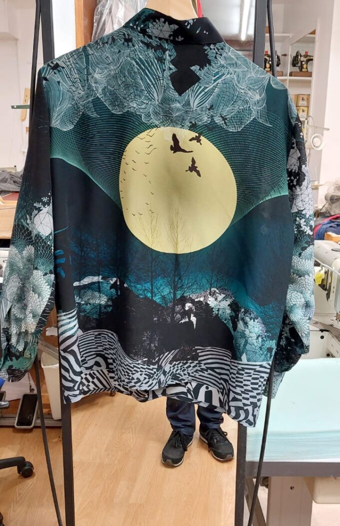 Handmade printed shirt featuring moon and bird artwork, created by Alberto Ricci Tailoring in Forres