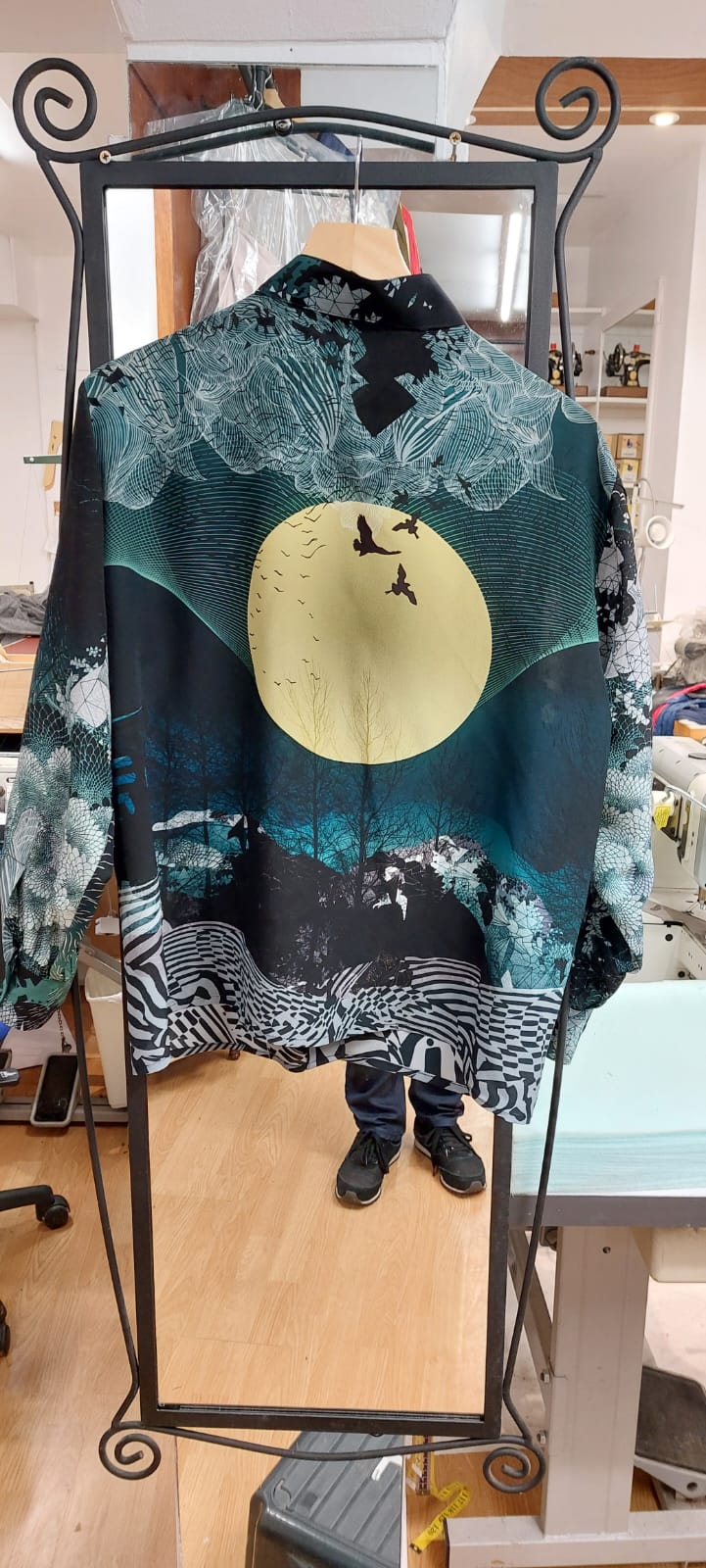 Handmade printed shirt featuring moon and bird artwork, created by Alberto Ricci Tailoring in Forres